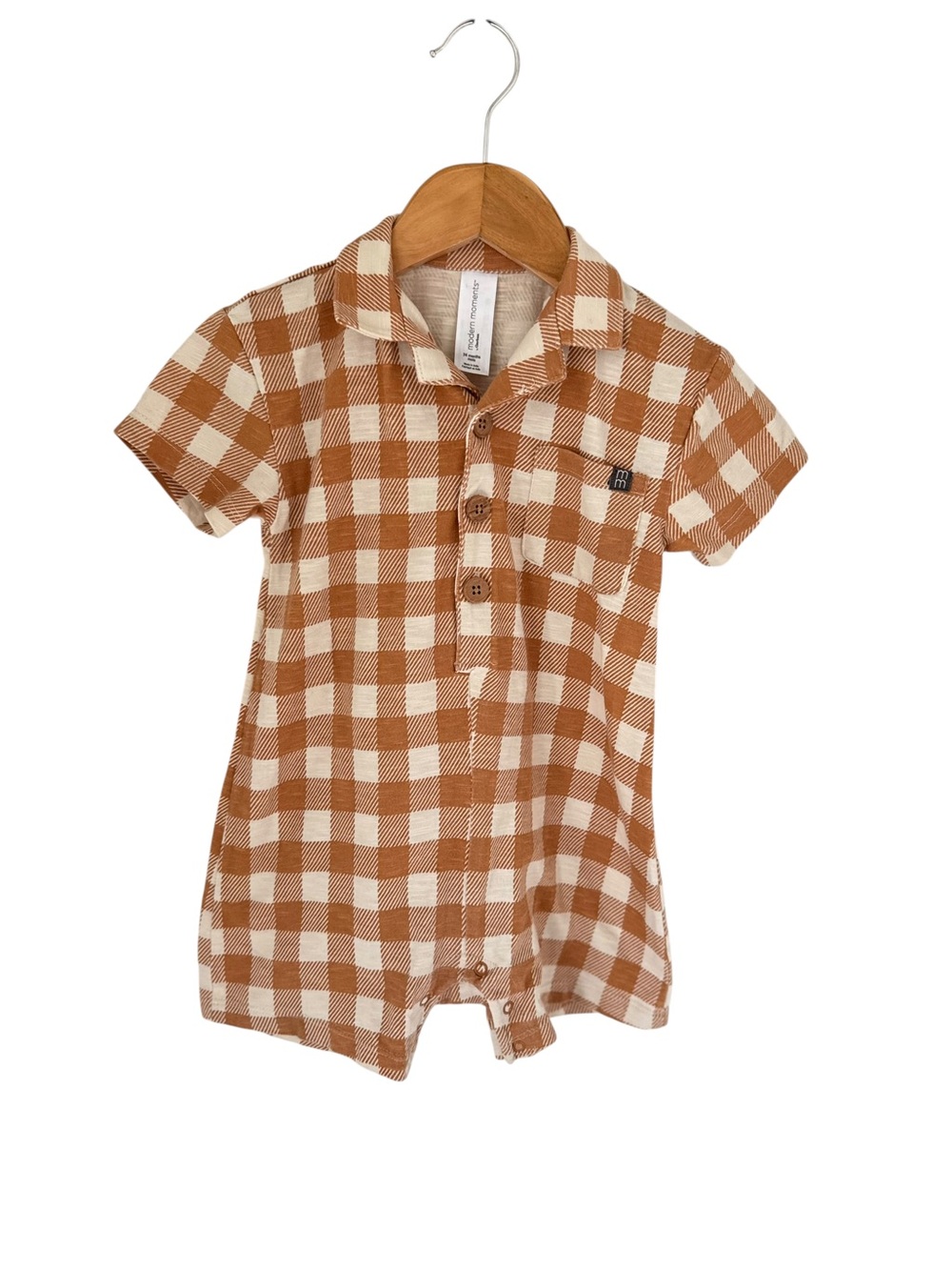 Gingham Short-Sleeve Romper in Brown & White Kids 24 Months